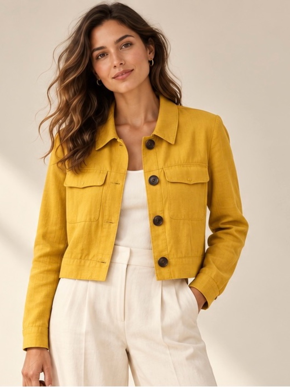 Mustard Linen Blend Cropped Jacket Size M
